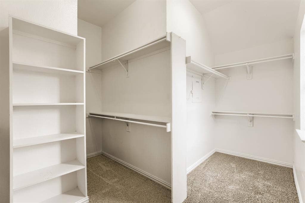 8115 Dogwood Lane, Irving, TX 75063 Walk-in closet with built-in shelving, integrated hanging rods, and carpet flooring