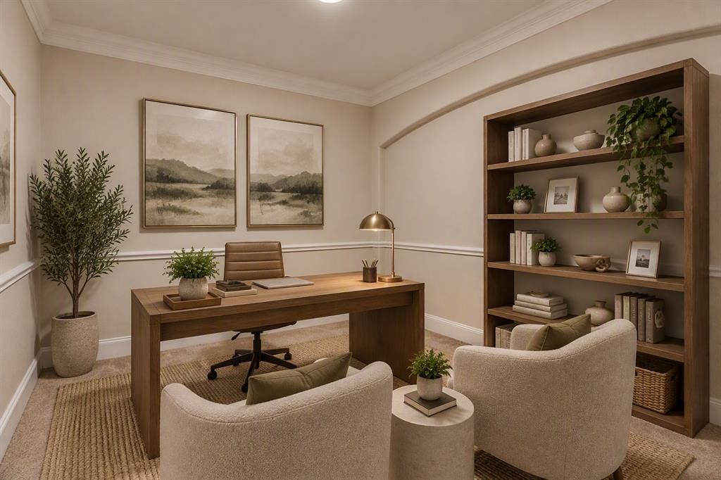 8115 Dogwood Lane, Irving, TX 75063 Recessed ceiling lighting illuminates a room featuring crown molding, wainscoting, and a built-in wood-finish shelving unit