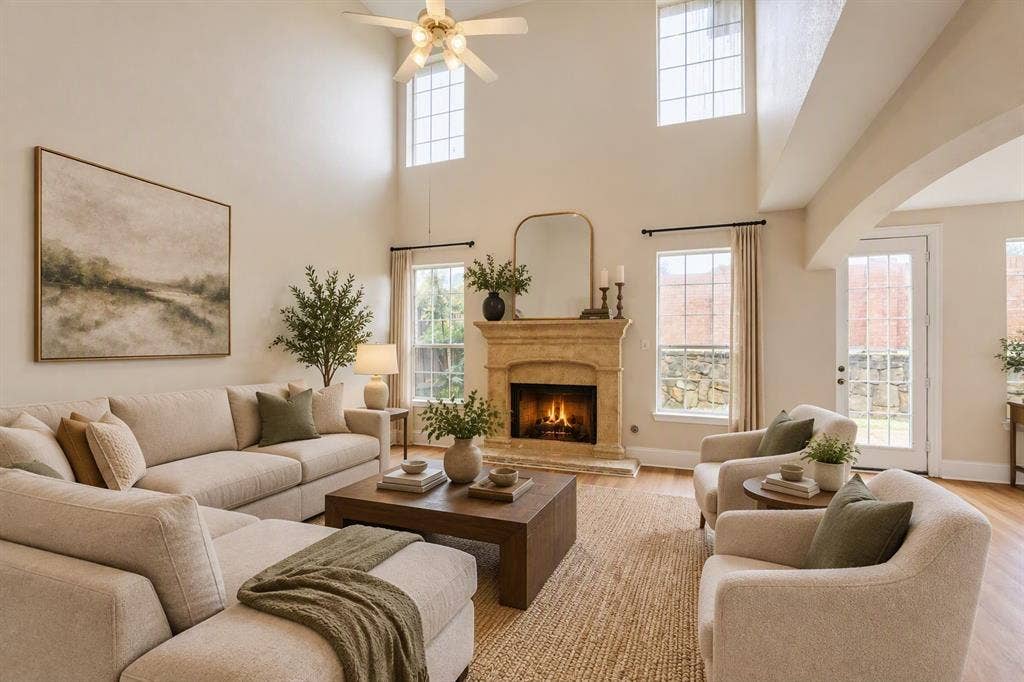 8115 Dogwood Lane, Irving, TX 75063 Vaulted ceiling, stone fireplace, hardwood flooring, ceiling fan, and French doors