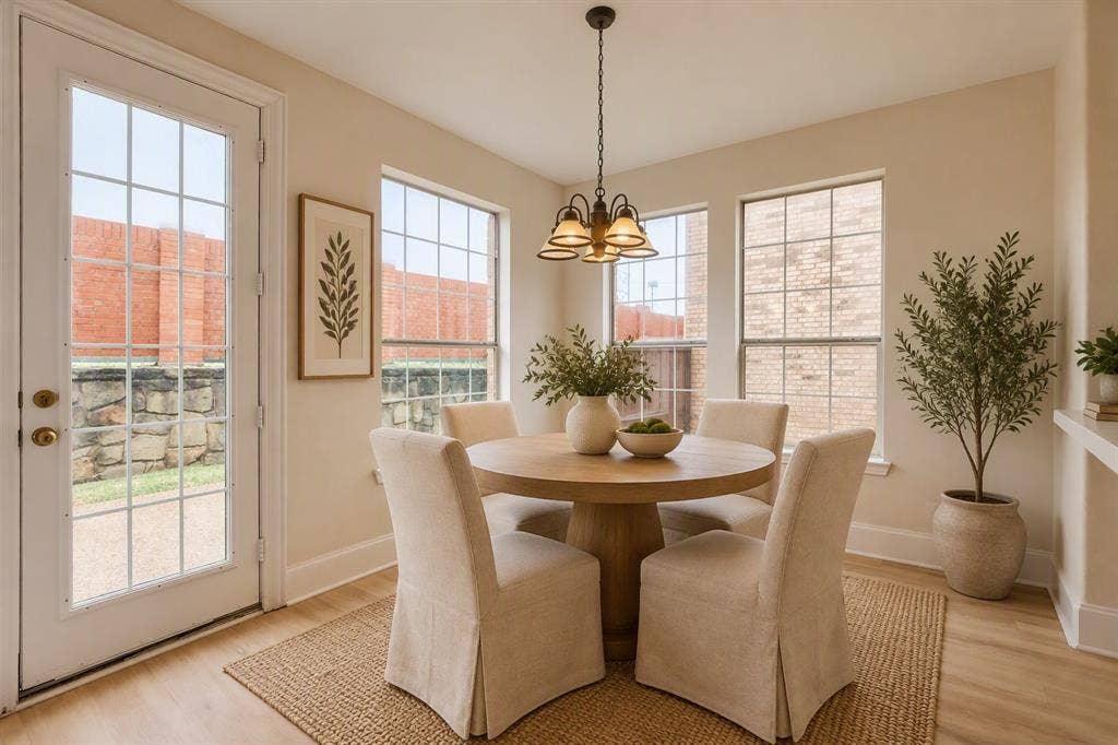 8115 Dogwood Lane, Irving, TX 75063 Light wood-finish flooring with a grid-paned door and multiple grid-paned windows