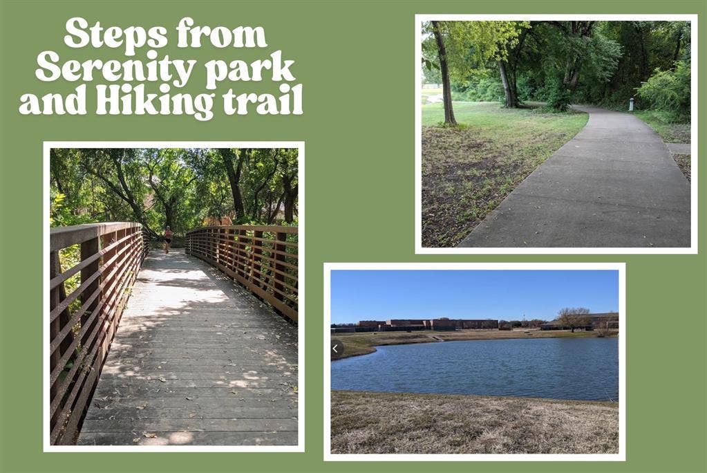 6509 Cartier Court, McKinney, TX 75072 Marketing Collateral. Illustrating the proximity of the property to a park and hiking trail, including a bridge and a body of water