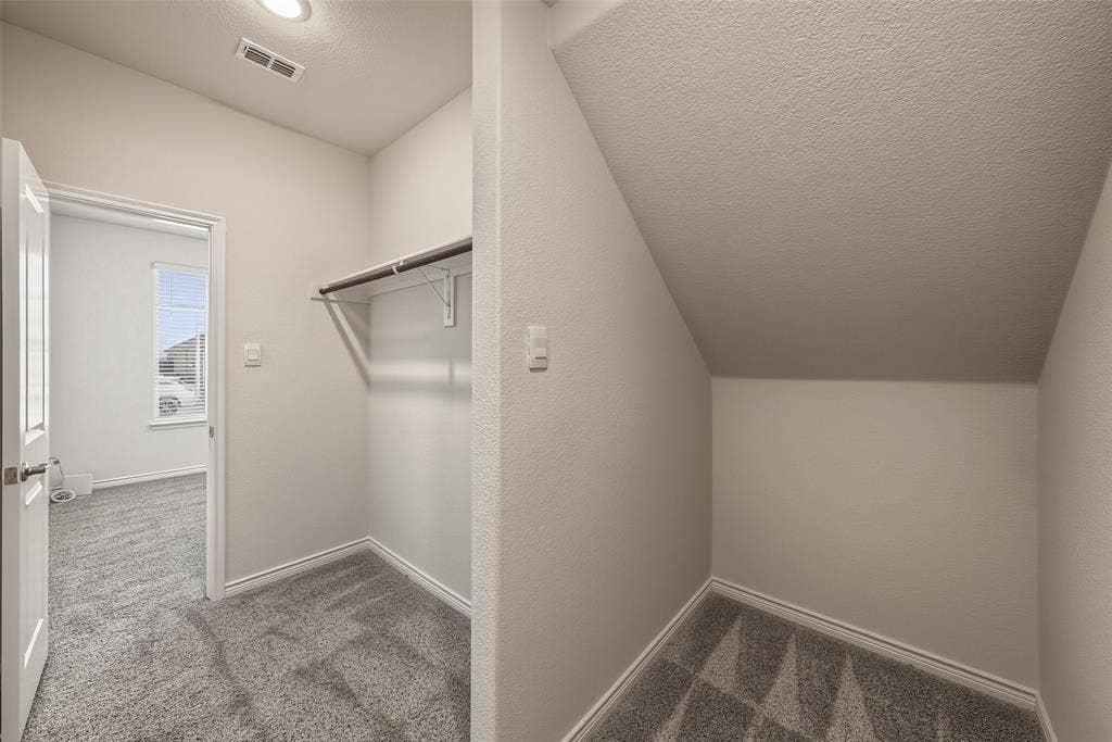Large office closet is carpeted with shelving, hanging rod, and recessed lighting
