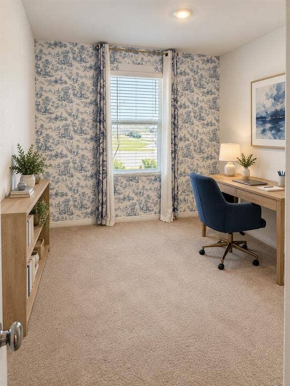*Virtually Staged* Versatile secondary bedroom featuring neutral carpeting, recessed lighting, a large window for natural light, and an accent wall that adds character to the space.