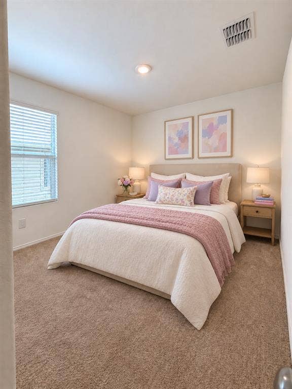 *Virtually Staged* Comfortable secondary bedroom featuring neutral carpeting, recessed lighting, and a window for natural light.