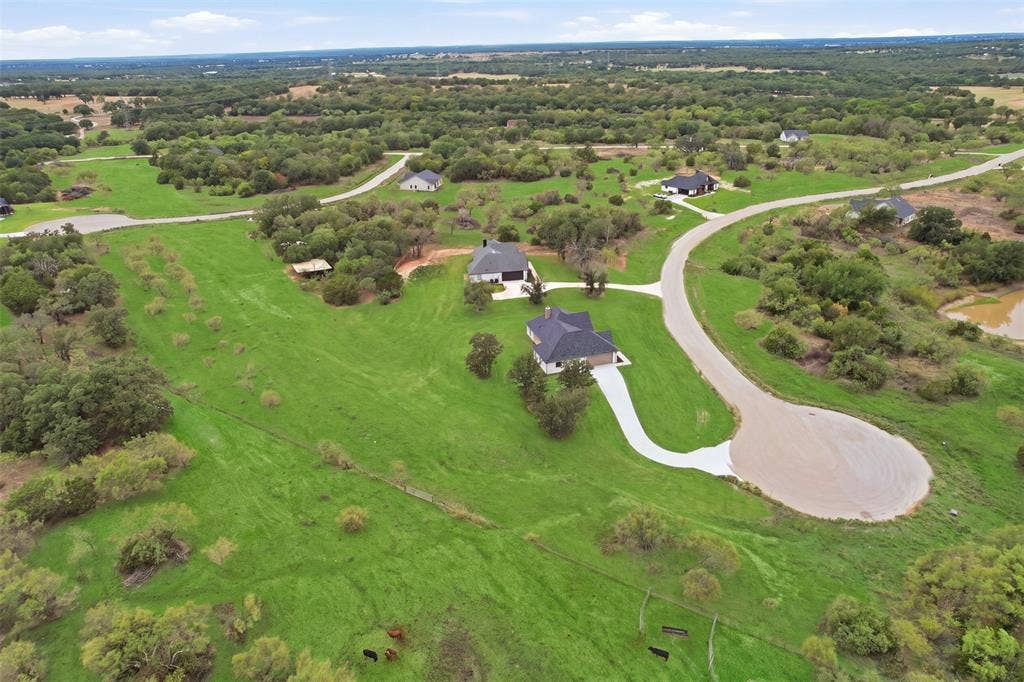 124 Norene Lane, Weatherford, TX 76088 Expansive property featuring verdant lawns, mature trees, paved roads, and a cul-de-sac