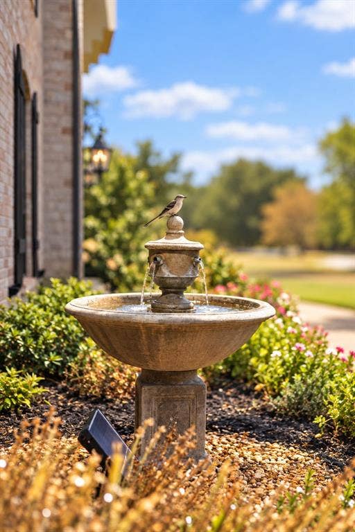 Tiered stone fountain with flowing water, surrounded by landscaped plantings and decorative gravel