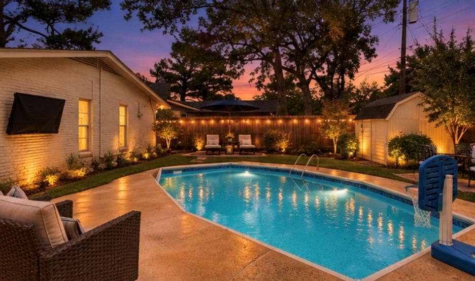 306 W Northgate Drive, Irving, TX 75062 In-ground swimming pool with integrated lighting, surrounded by a paved patio