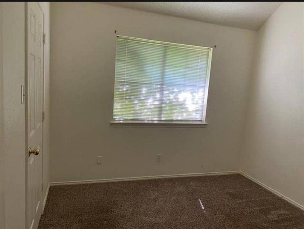 Neutral-toned interior space featuring carpeted flooring, a single-panel interior door, and a horizontal window with installed blinds