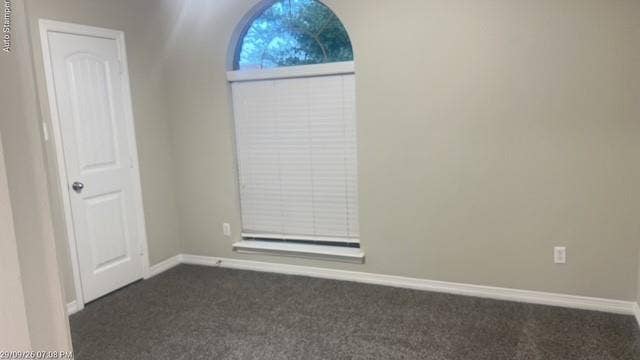 Arched window with blinds, light gray wall color, white trim, and gray carpet