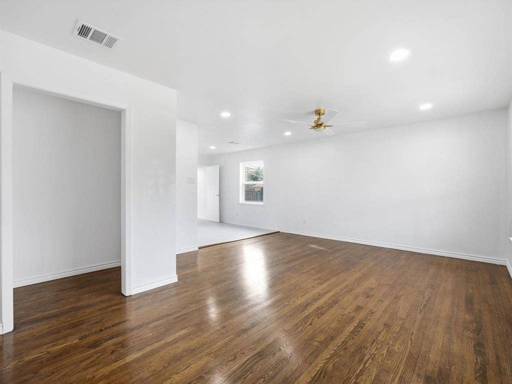 10270 Kilkenny Place, Dallas, TX 75228 Hardwood flooring, recessed lighting, white walls, window, and a ceiling fan