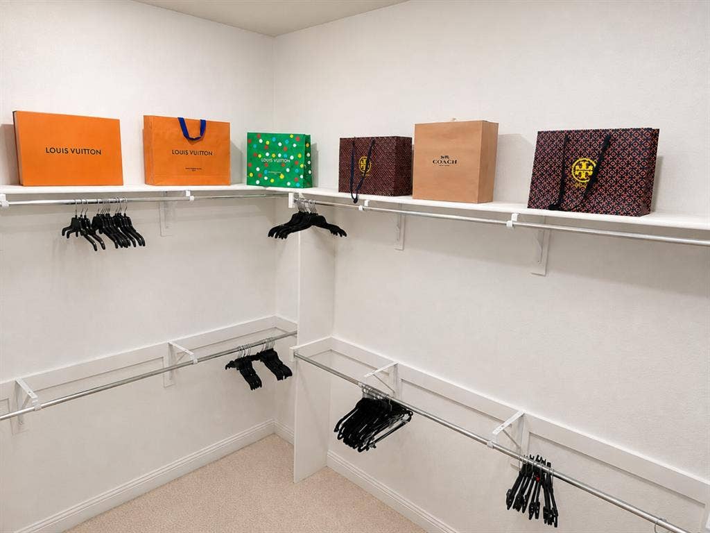 Integrated shelving and hanging rods, white walls, and neutral carpet