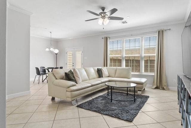 7944 Eddie Drive, Plano, TX 75025 Expansive tiled flooring throughout, crown molding detailing, ceiling fan with integrated lighting, window with blinds and drapes, and a dining area with a multi-light pendant fixture