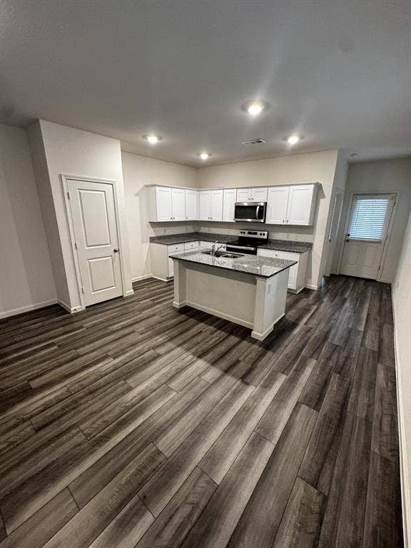 1813 Chapel Hill Road, Princeton, TX 75407 Open-concept kitchen with wood-finish flooring, white cabinetry, a central island, stainless steel appliances, and recessed lighting