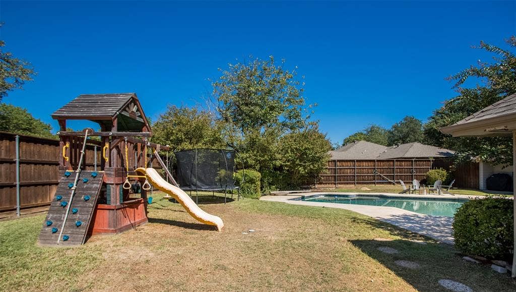Expansive backyard with wood privacy fencing and mature trees