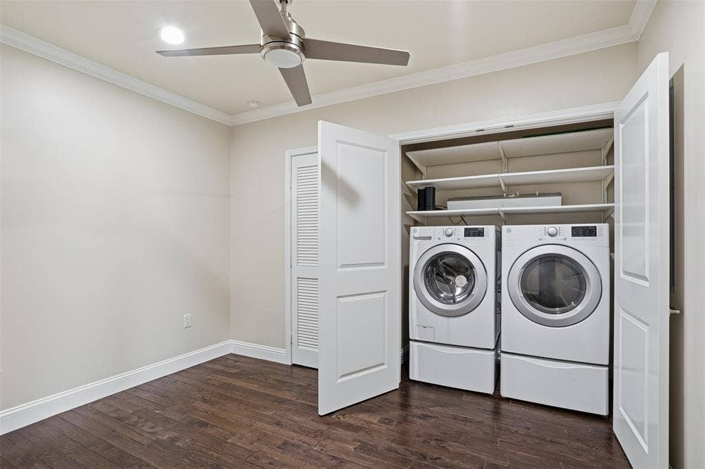 500 Throckmorton Street, #1605, Fort Worth, TX 76102 Wood-finish flooring, ceiling fan, crown molding, recessed lighting, and a laundry closet with shelving