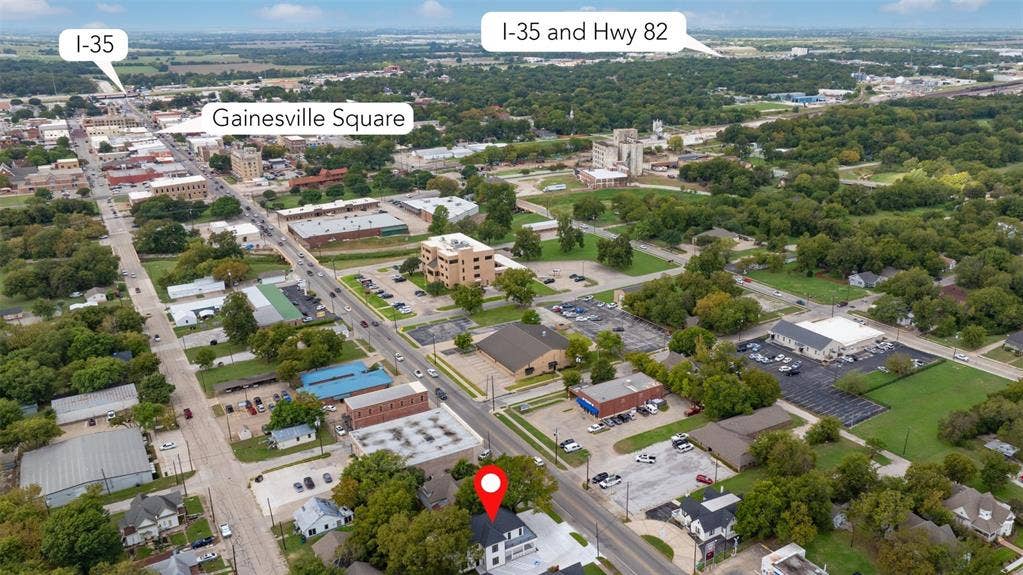 Aerial perspective featuring proximity to I-35, Highway 82, and the Gainesville Square
