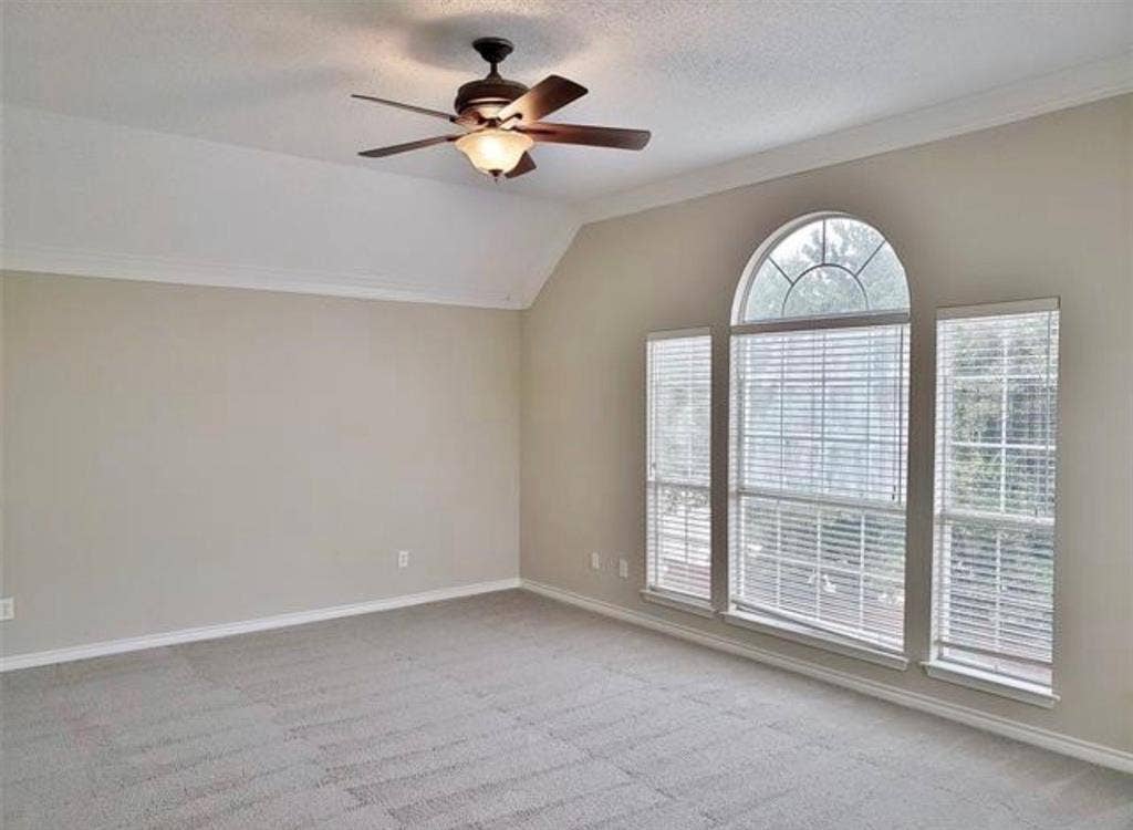 211 Moss Hill Road, Irving, TX 75063 Vaulted ceiling with a ceiling fan, crown molding, arched transom window, and carpeted flooring