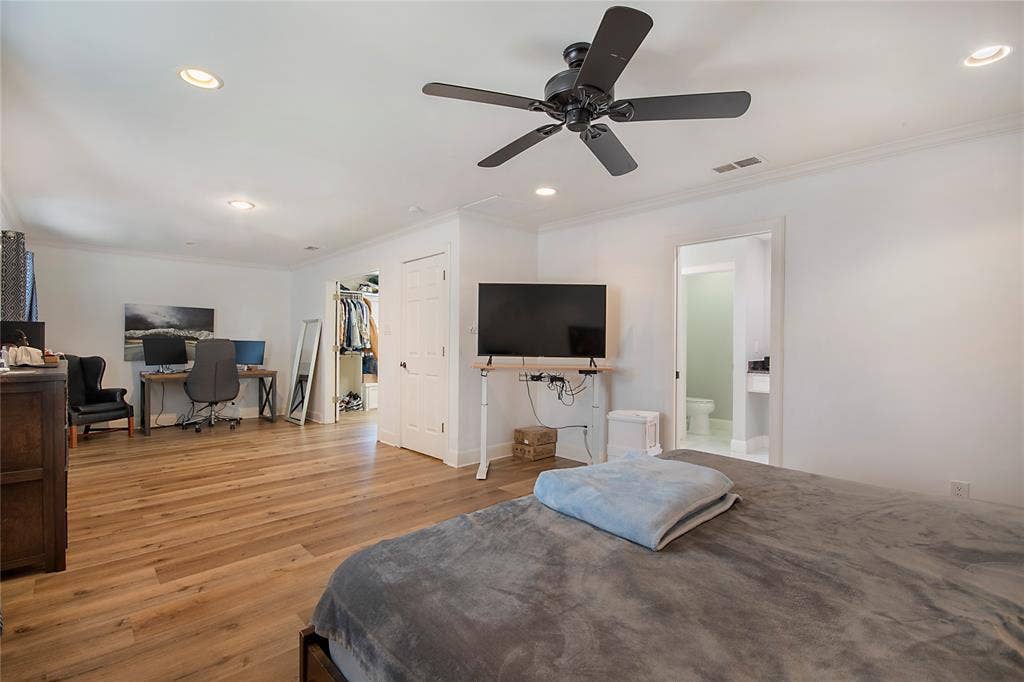 4074 Cedar Bayou Drive, Dallas, TX 75244 Hardwood-finish flooring, recessed lighting, and a ceiling fan