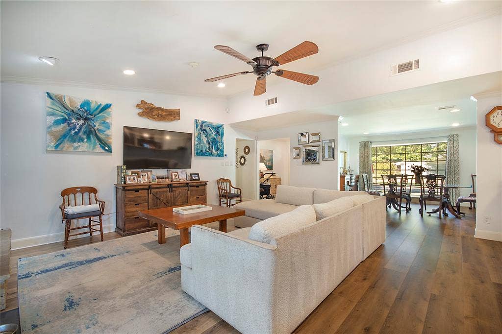 4074 Cedar Bayou Drive, Dallas, TX 75244 Recessed lighting, wood-finish flooring, and a ceiling fan with light fixture