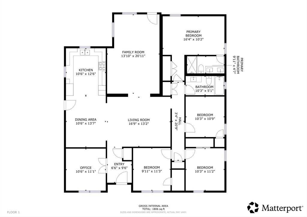 Floor plan highlights the home’s open layout, four bedrooms, two full baths, and dedicated office space.