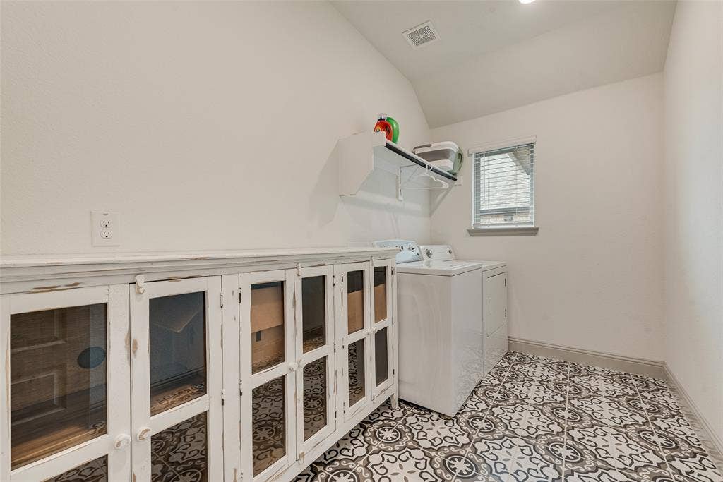 107 White Sands Lane, Forney, TX 75126 Patterned tile flooring, white walls, window with blinds, recessed lighting, and a wall-mounted shelf