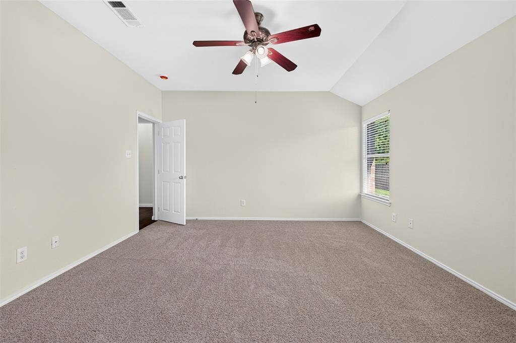 2724 Douglas Drive, McKinney, TX 75071 High ceiling with a ceiling fan, neutral wall color, carpet flooring, and a window with blinds