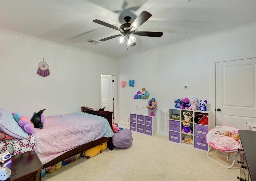Recessed lighting, crown molding, ceiling fan, carpet flooring, and a solid core door