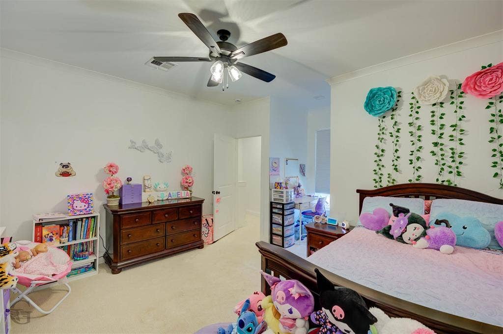 Carpeted flooring, ceiling fan, white paneled door, and recessed lighting