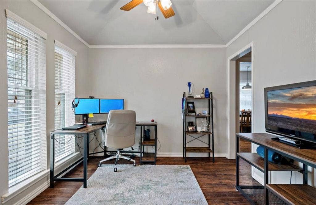 1603 Vicksburg Drive, Sachse, TX 75048 Office featuring ornamental molding, vaulted ceiling, ceiling fan, wood finished floors, and baseboards