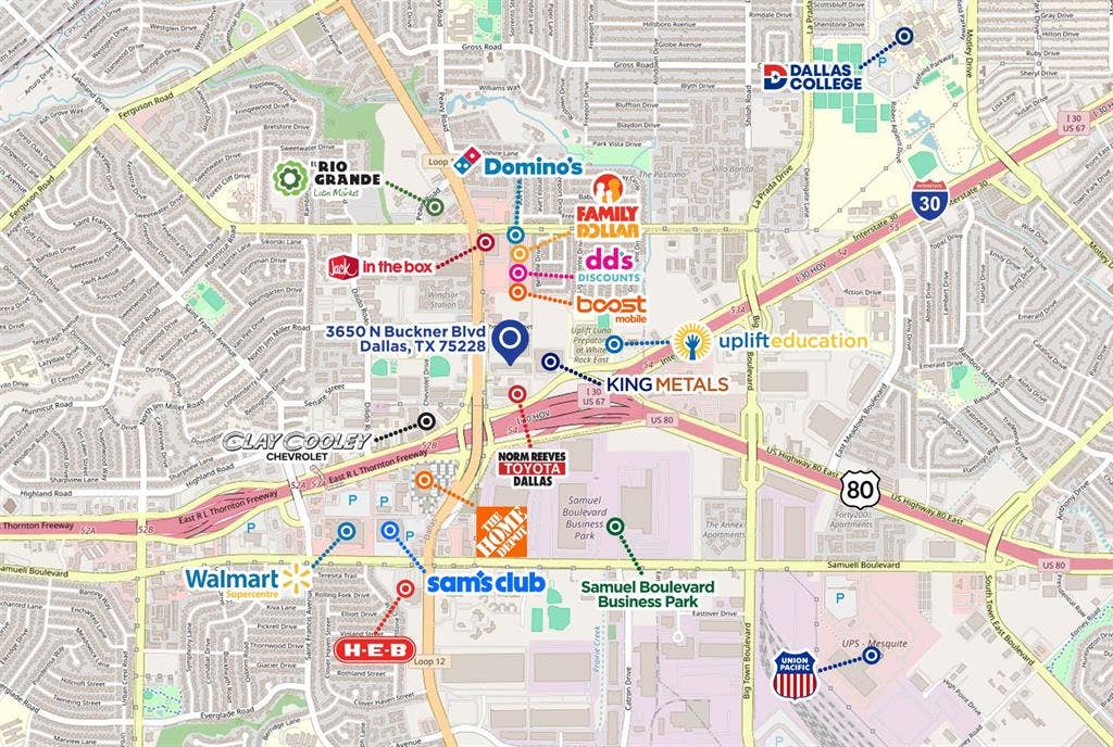 3650 N Buckner Boulevard, Dallas, TX 75228 Location Map. Depicting the geographical position of the property at 3650 N Buckner Blvd, Dallas, TX 75228, and highlighting various surrounding establishments