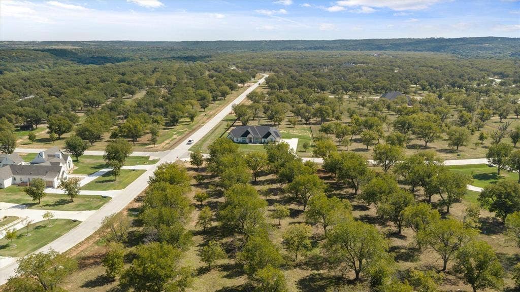 2013 Skylane Drive, Granbury, TX 76049 Aerial perspective of a sprawling lot featuring mature trees, paved street access, and expansive open space