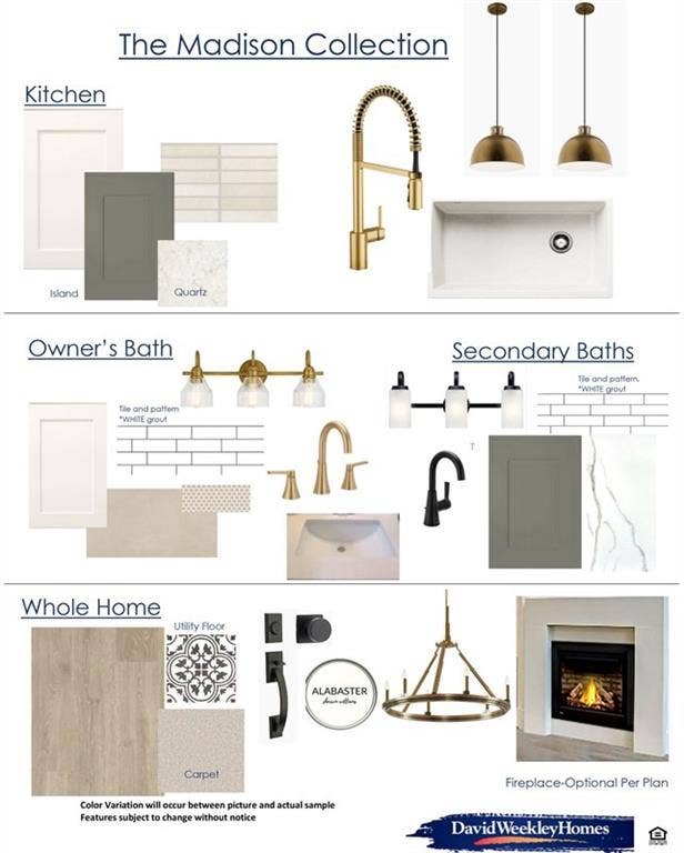 Design Specification Sheet. Illustrating material and fixture selections for different areas of the property