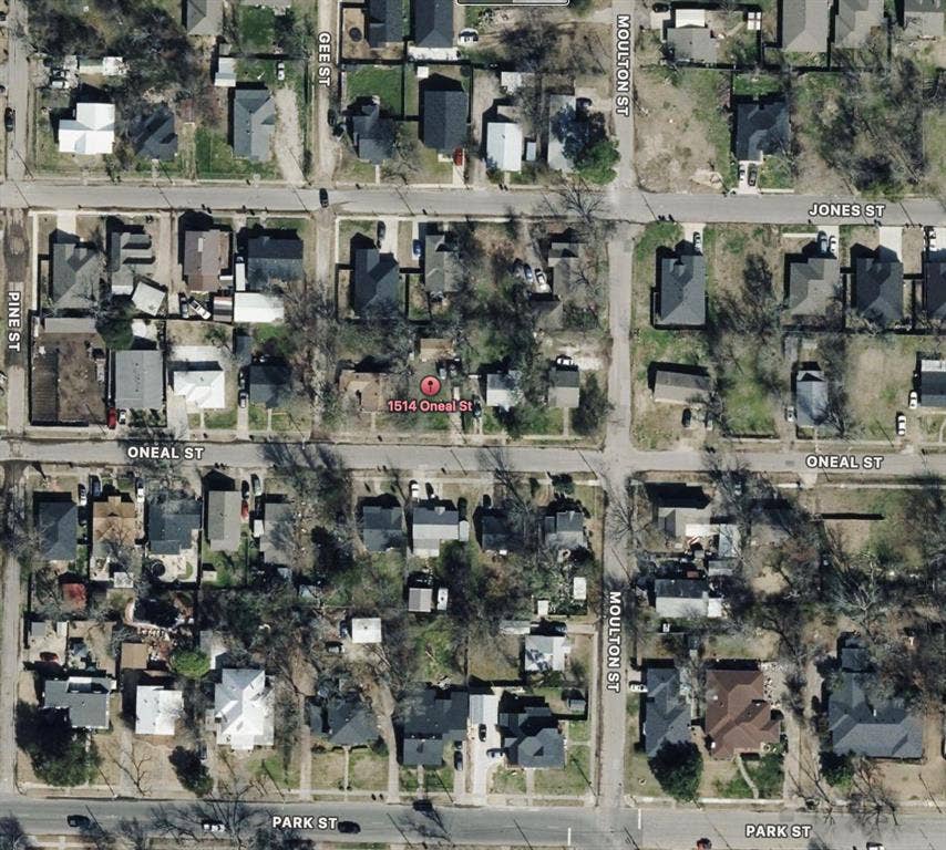 1514 Oneal Street, Greenville, TX 75401 Aerial Map. Identifying the location of 1514 Oneal St within the street grid and surrounding properties
