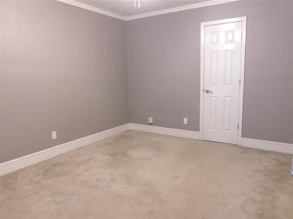 665 Stonewall Drive, Grand Prairie, TX 75052 Neutral tone wall finish, crown molding, paneled door, and carpeted flooring