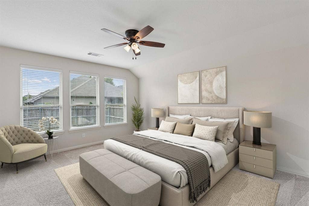 1906 Faircrest Lane, Wylie, TX 75098 The primary bedroom is at the back of the home giving additional privacy. The spacious room offers ceiling fan and carpet. (Virtually Staged to show potential)