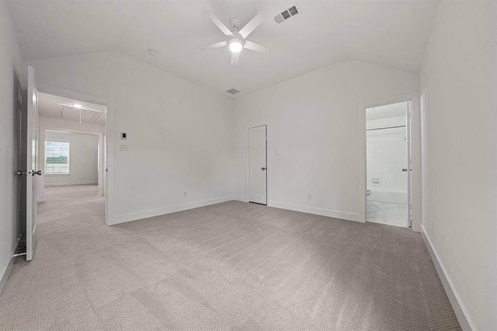 2628 Camden Court, Celina, TX 75009 Vaulted ceiling with integrated multi-blade ceiling fan and wall-to-wall carpeting