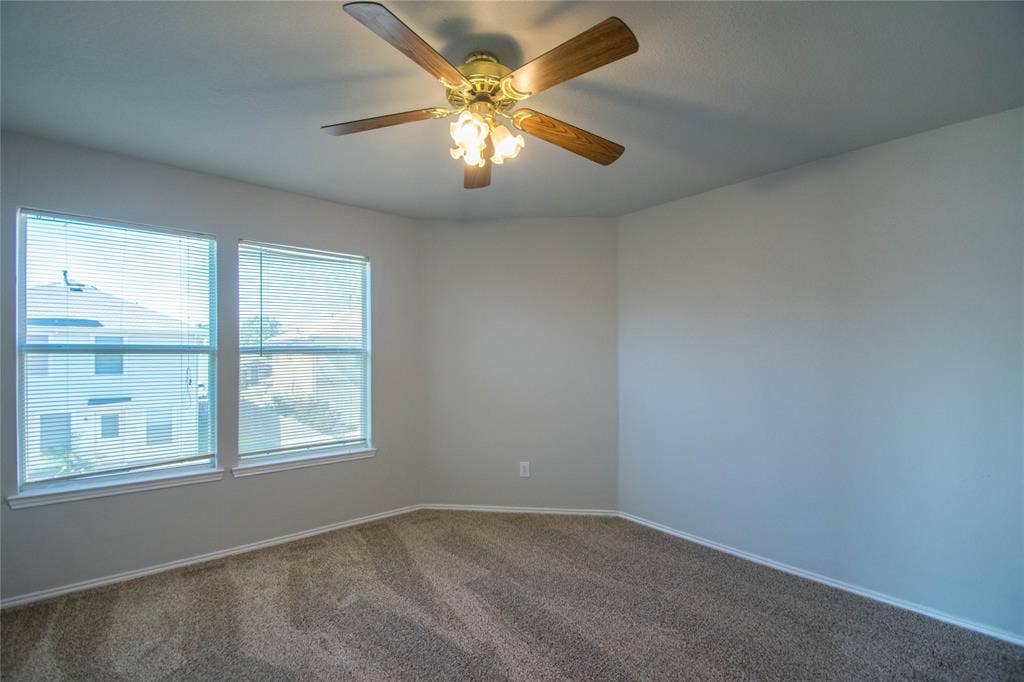 Carpeted room with two windows featuring blinds, a ceiling fan with light fixture, and light-colored walls