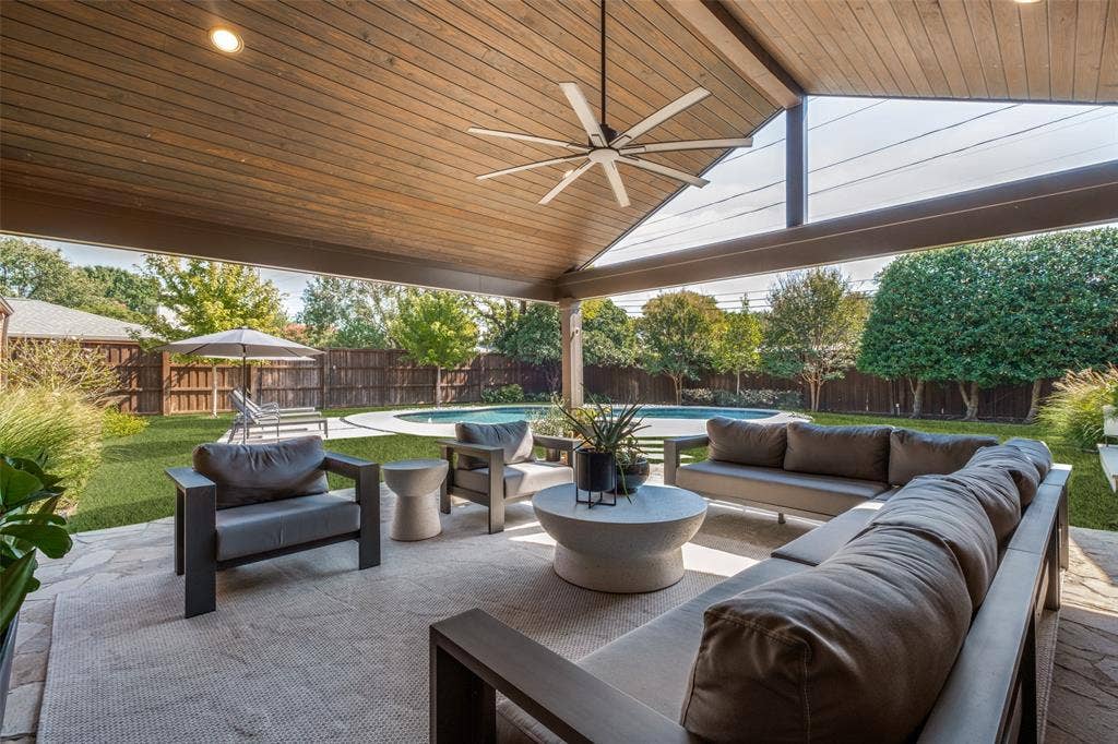 5222 Meadow Crest Drive, Dallas, TX 75229 Attached outdoor living space with TV & fan 22x21