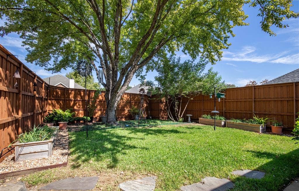 10208 Noel Drive, Frisco, TX 75035 Grassy yard with mature trees and privacy fencing.