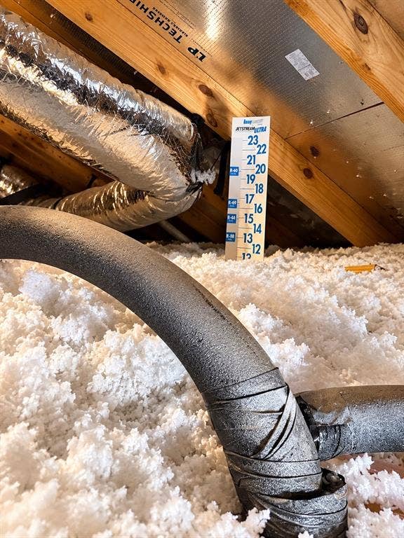 228 Foxhunter Street, Fort Worth, TX 76131 Attic space featuring insulation, exposed wood rafters, insulated ductwork, and an insulation depth gauge