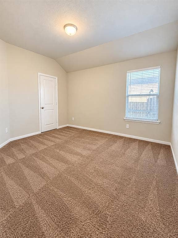 228 Foxhunter Street, Fort Worth, TX 76131 Vaulted ceiling, neutral wall paint, window with blinds, flush-mount ceiling light, and brown carpeting
