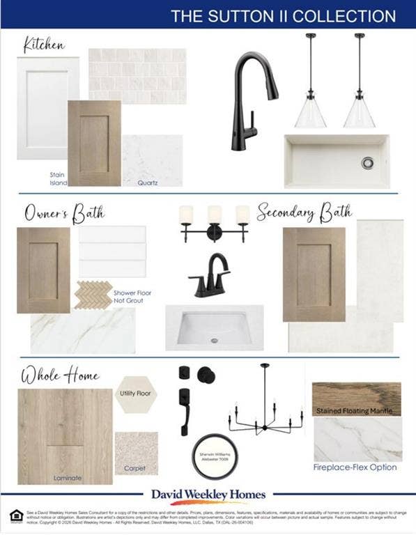 2404 Red Hen Lane, Fort Worth, TX 76008 Design Board. Displaying material and fixture selections for the property's kitchen, bathrooms, and general areas