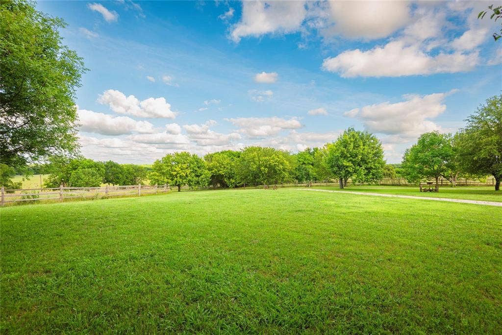 8685 FM 1827, Anna, TX 75409 Expansive grounds featuring a manicured lawn, mature trees, split-rail perimeter fencing, and a gravel pathway