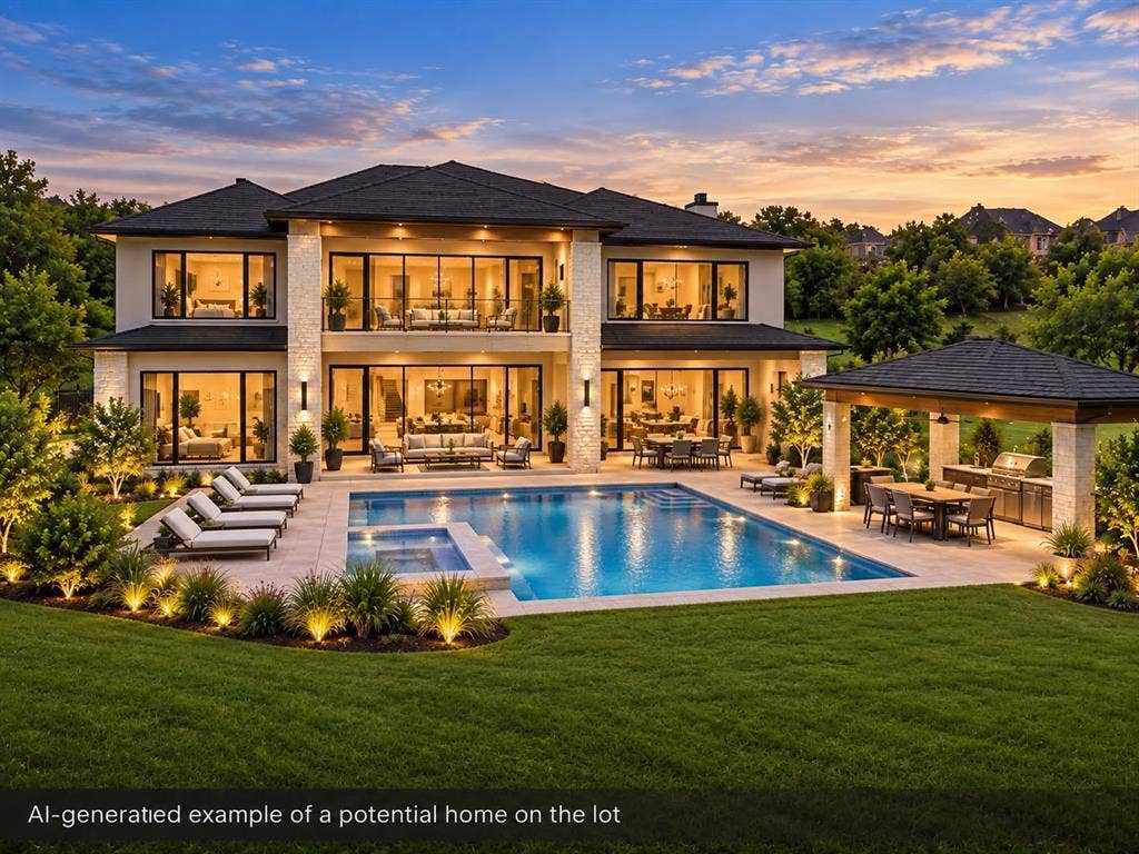 1036 Lighthouse Court, Grand Prairie, TX 75104 Expansive exterior featuring a multi-level structure with multiple balconies, a built-in swimming pool and integrated spa, a dedicated outdoor kitchen and dining area under a covered structure, and an illuminated landscaped lawn
