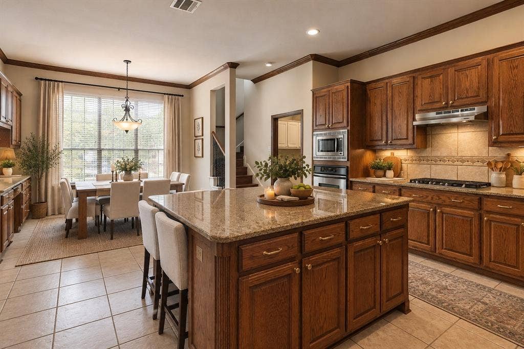 8323 Albritton Drive, Frisco, TX 75036 Kitchen featuring wood cabinetry, stainless steel appliances, a center island with a stone countertop, and tile flooring