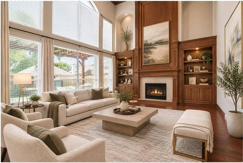 8323 Albritton Drive, Frisco, TX 75036 Two-story windows with blinds, wood-finish flooring, built-in shelving, wood-paneled fireplace, and recessed lighting