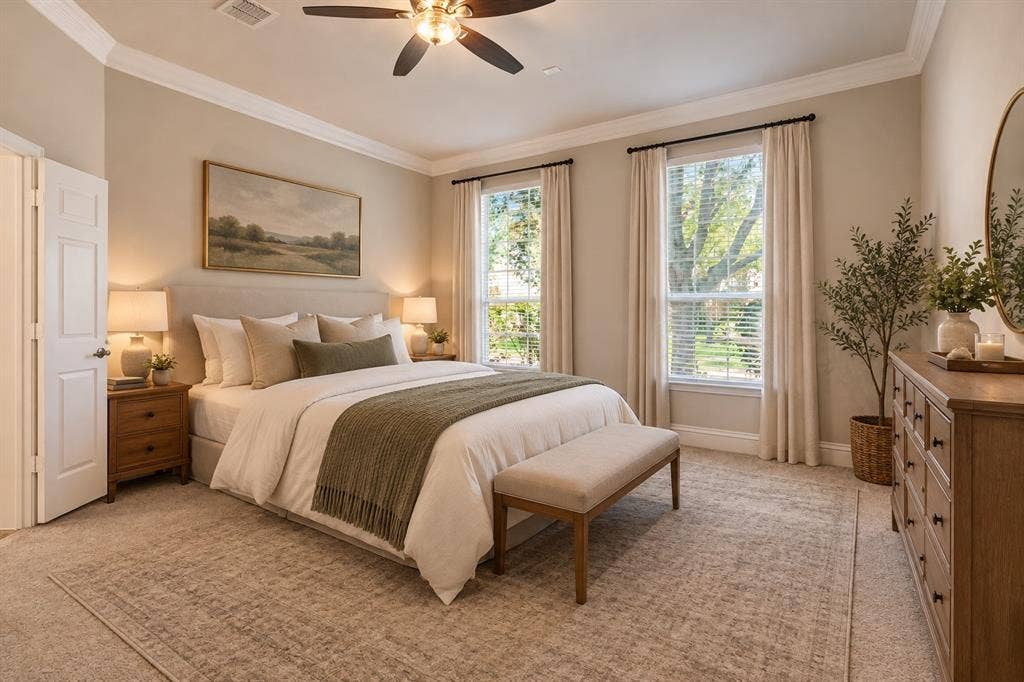 8323 Albritton Drive, Frisco, TX 75036 Recessed lighting, crown molding, double windows with blinds, ceiling fan, and carpeted flooring