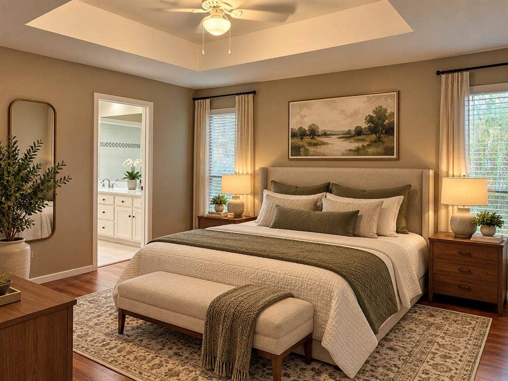 3028 Airhaven Street, Dallas, TX 75229 Tray ceiling with a ceiling fan, wood-finish flooring, two windows with blinds and drapery, and a white vanity with dual sinks in the adjoining space. **Photo is AI generated*