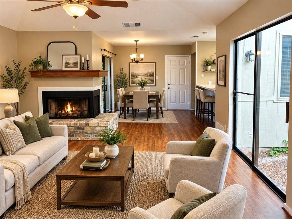3028 Airhaven Street, Dallas, TX 75229 Living area with a two-sided fireplace. *Photo is AI generated* featuring a brick hearth and wood mantel and views of the outside garden area
