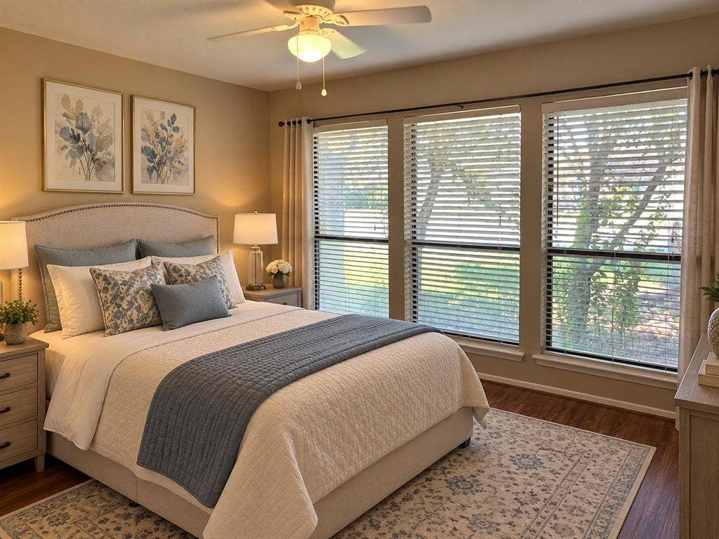 3028 Airhaven Street, Dallas, TX 75229 Secondary bedroom with 3 large windows with blinds, wood-finish flooring, and freshly painted light-colored walls.*Photo is AI generated*